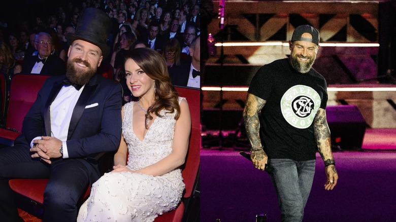 Side by side image of Zac Brown wearing a top hat and tux with ex Shelly Brown and Zac Brown wearing a casual outfit.