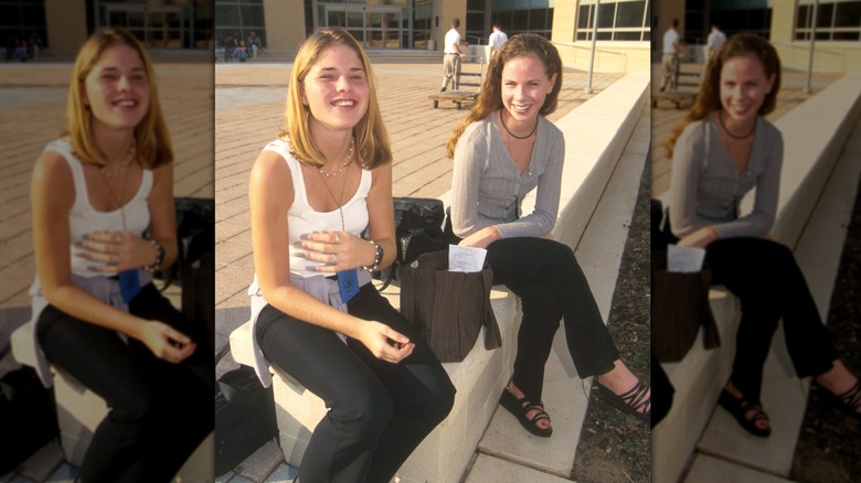 Young Jenna and Barbara Bush sitting outside laughing