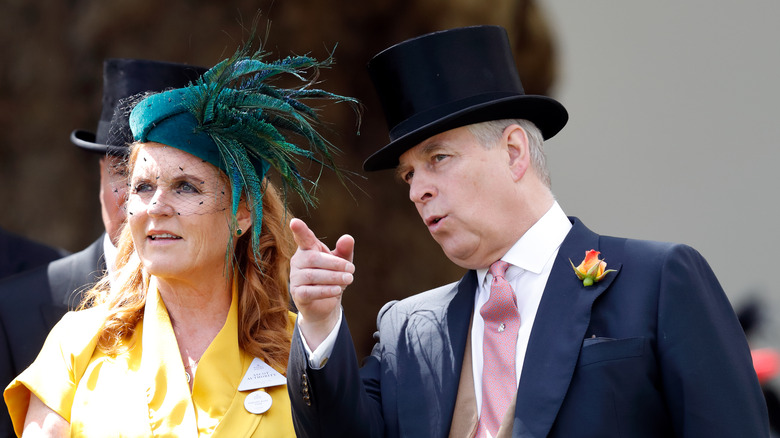 Sarah Ferguson and Prince Andrew in hats at Ascot