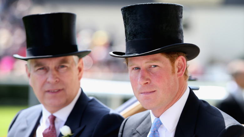 Prince Harry looks worried next to Prince Andrew