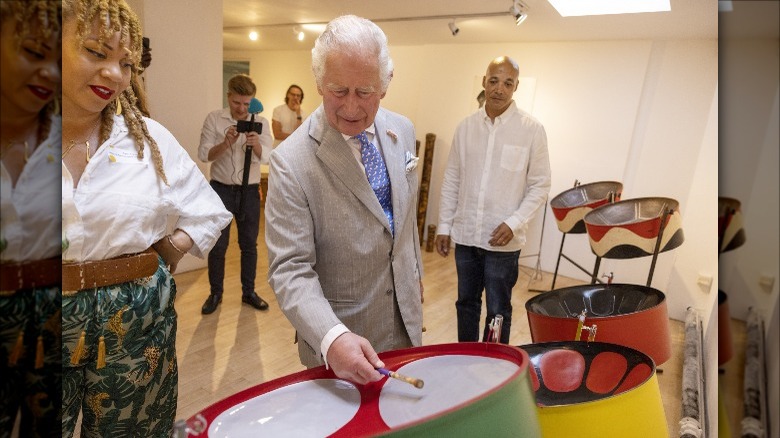 Prince Charles playing the steel drums at the Notting Hill Carnival