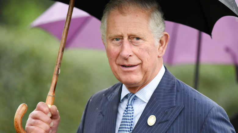 Prince Charles holding an umbrella