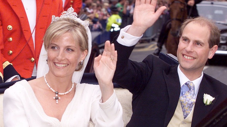 Duchess Sophie & Prince Edward waving on wedding day