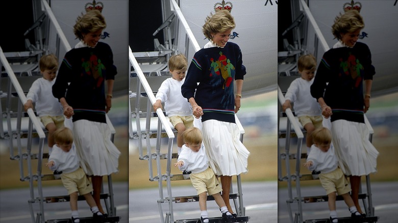 Princess Diana with William and Harry leaving airplane