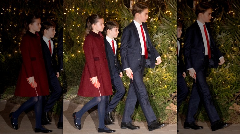 Princess Charlotte, Prince Louis, and Prince George walking