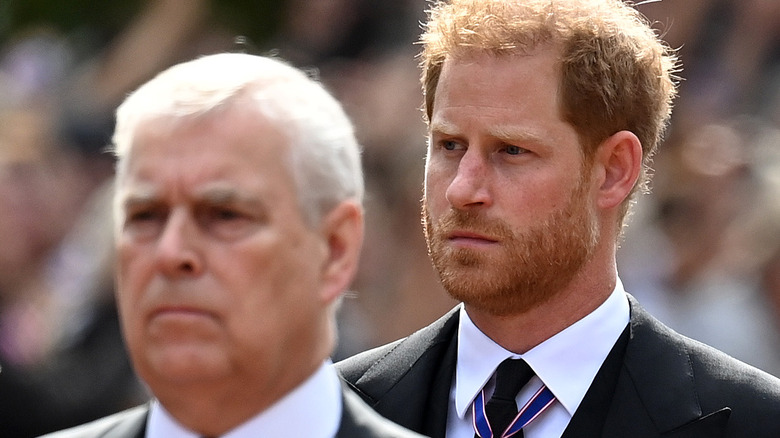 Prince Harry standing behind Prince Andrew