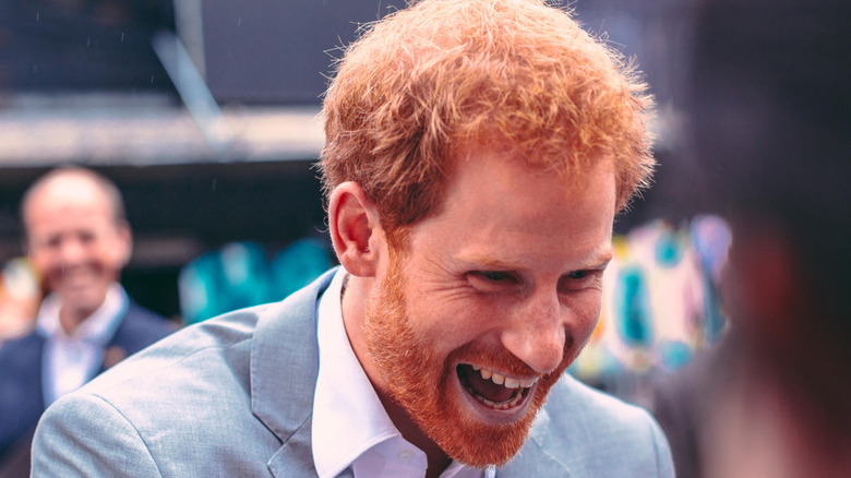 Prince Harry smiling with royal fans 