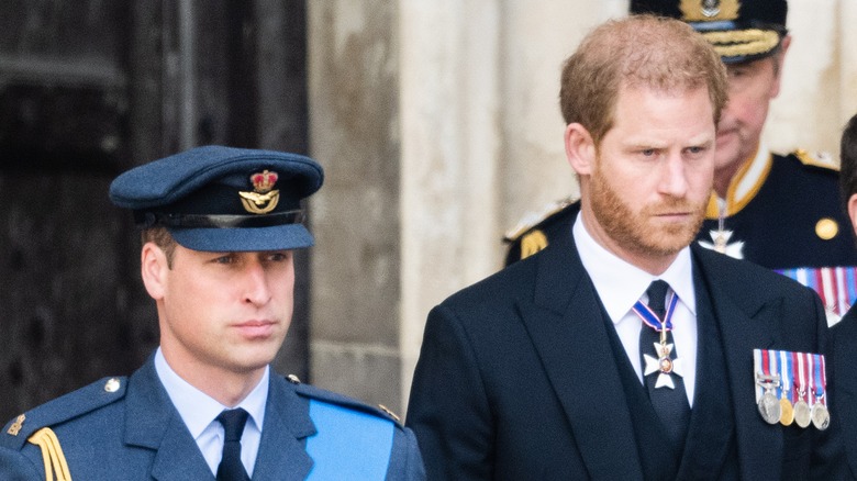 Princes William and Harry looking solemn at Queen funeral