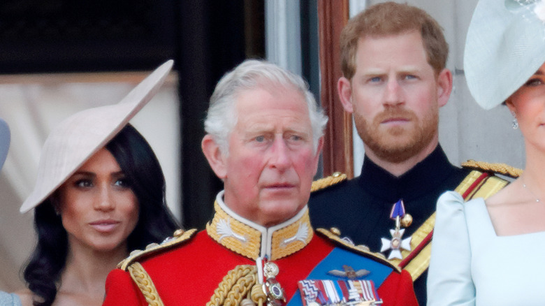 Meghan Markle and Prince Harry standing behind King Charles