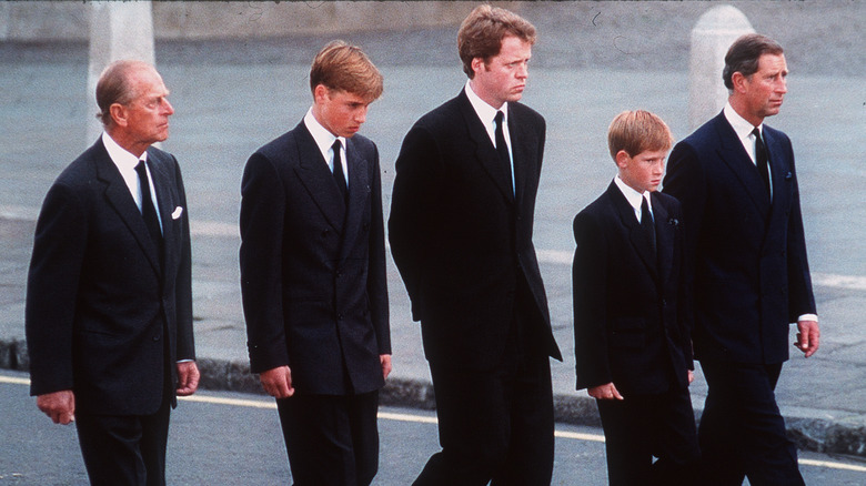 Prince Philip, Prince Harry, Prince William, Prince Charles at Princess Diana's funeral