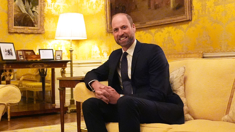 Prince William smiles while sitting on a couch