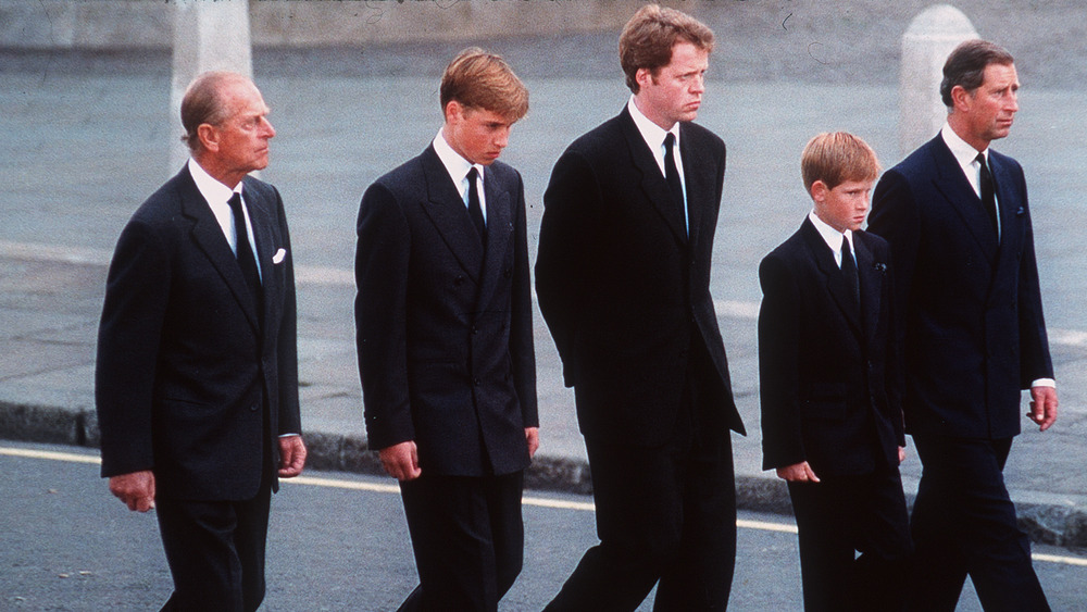 Princes Philip, William, Harry, Charles, and Charles Spencer at Diana's funeral