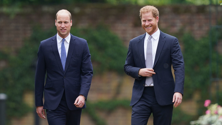 Prince William and Prince Harry walk around together in July 2021