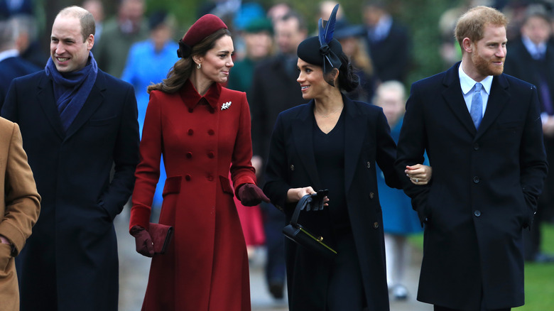 William, Kate, Meghan, and Harry walking