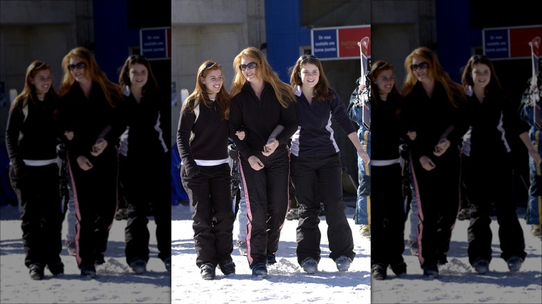 Princess Beatrice, Princess Eugenie, and Sarah Ferguson skiing 