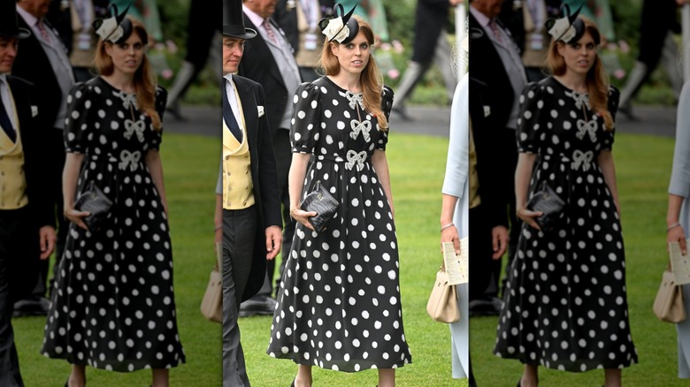 Princess Beatrice walking in a polka dotted dress