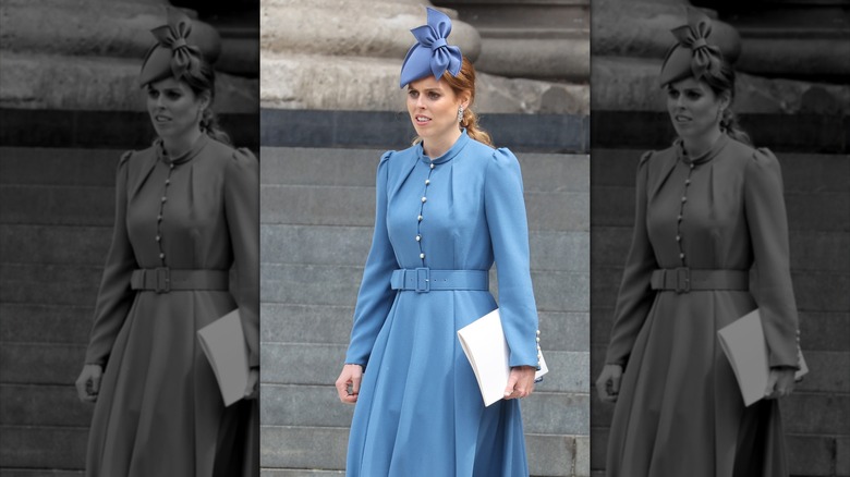 Princess Beatrice in a light blue coat dress