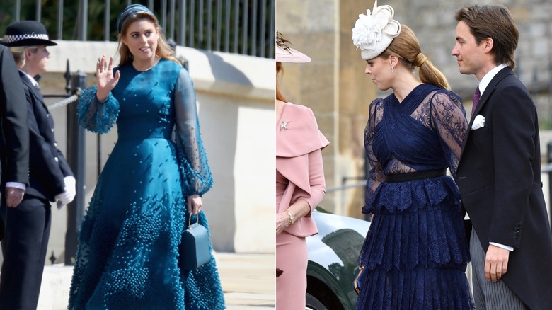 Split images of Princess Beatrice in two blue dresses