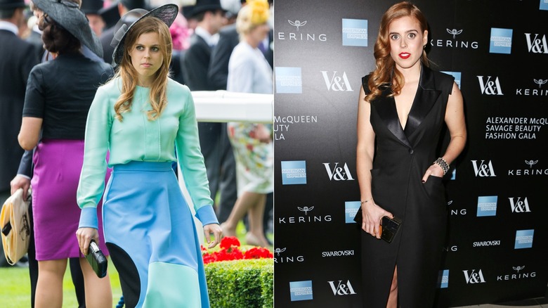 Princess Beatrice in a green blue ensemble; Princess Beatrice in a black tux dress