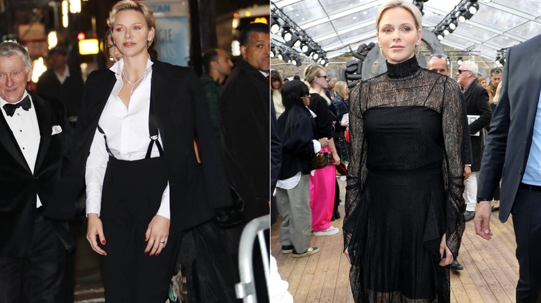 Split image of Princess Charlene in black outfits