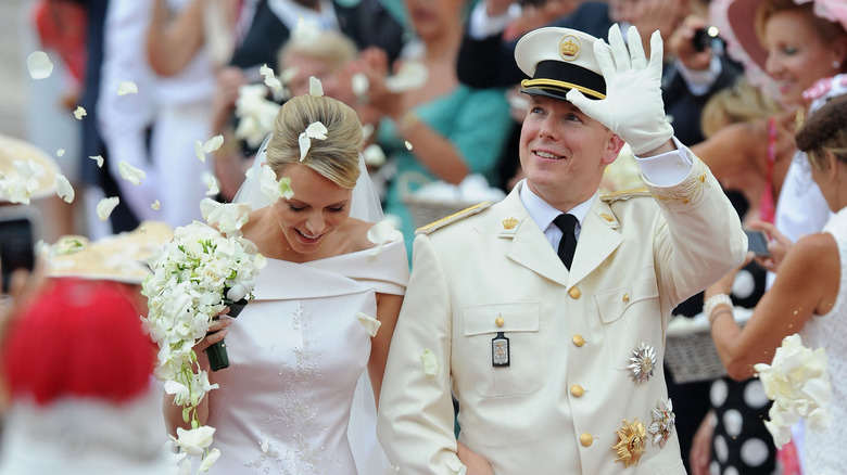 Princess Charlene, Prince Albert waving at wedding