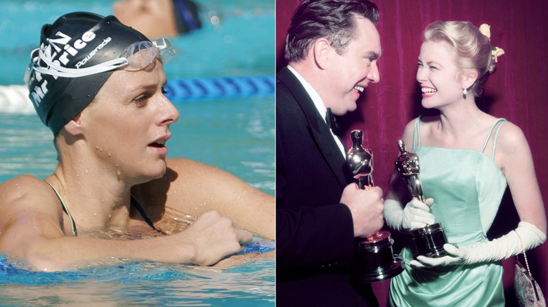 Split image of Princess Charlene swimming & Grace Kelly holding Oscar