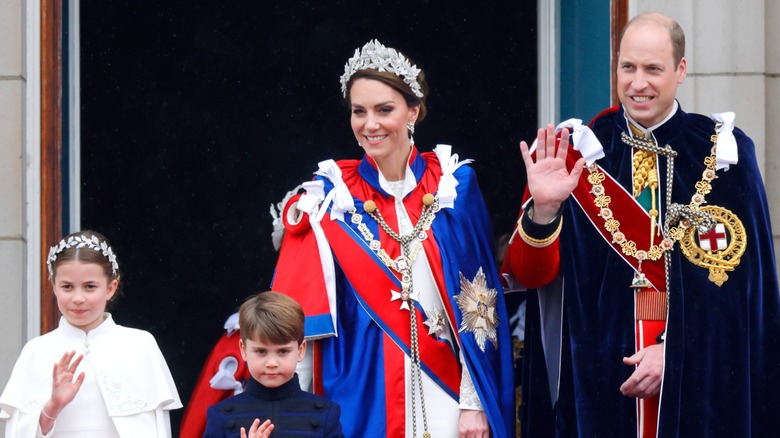 Princess Charlotte, Prince Louis, Kate Middleton, and Prince William waving