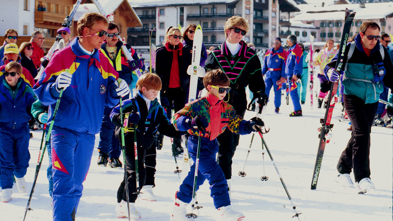 Princess Diana with Prince William and Prince Harry on a ski holiday