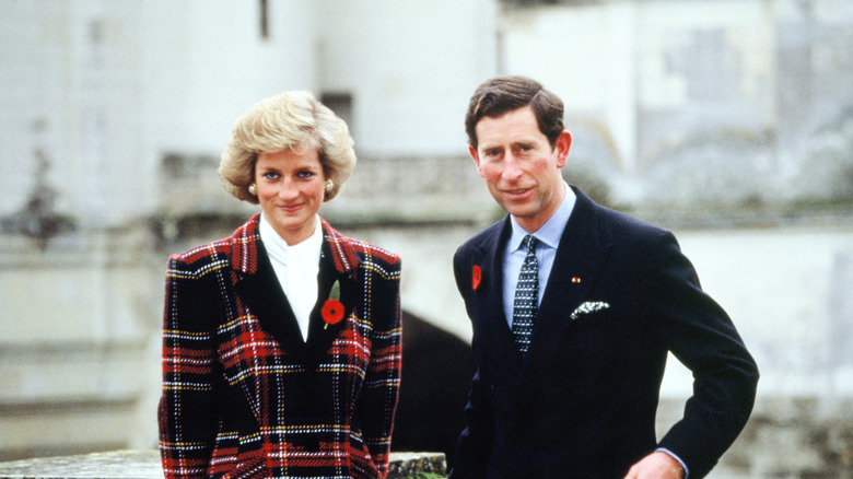 Princess Diana and King Charles III posing 