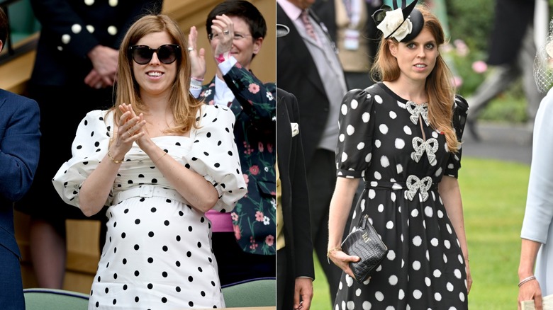 Split image of Beatrice in polka dot dresses