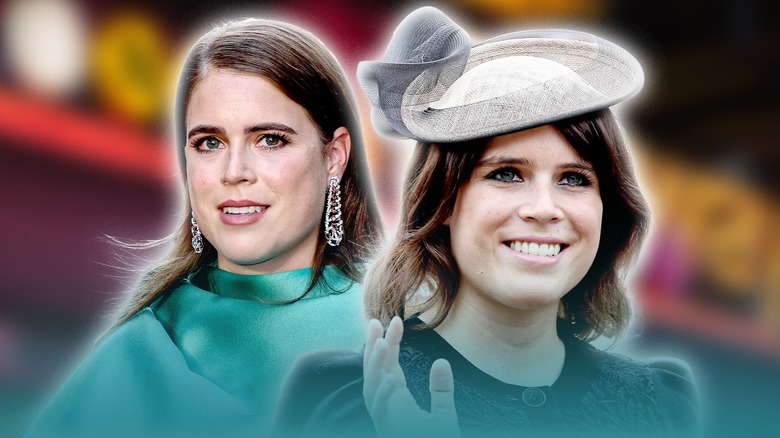 Princess Eugenie in teal and wearing a hat