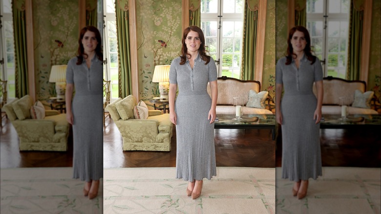 Princess Eugenie in a gray knit dress