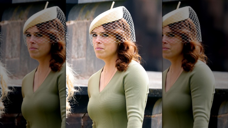 Princess Eugenie attending wedding as a guest wearing green dress and cream fascinator