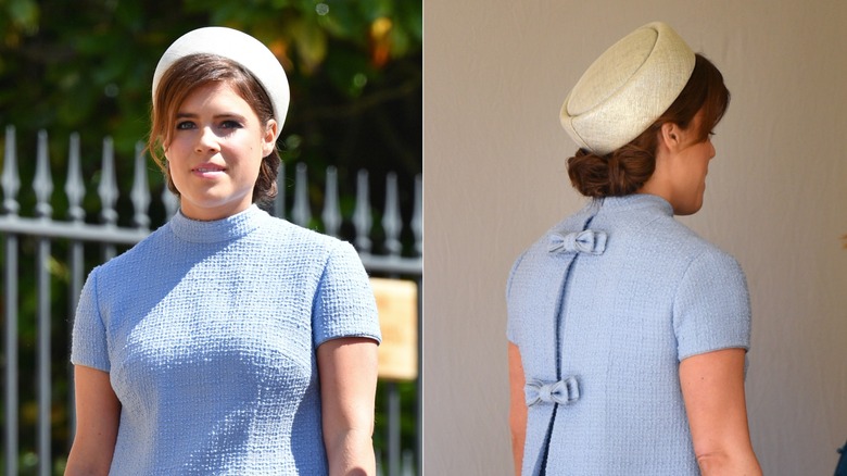 Split image of Princess Eugenie front and back at the wedding of Prince Harry and Meghan Markle