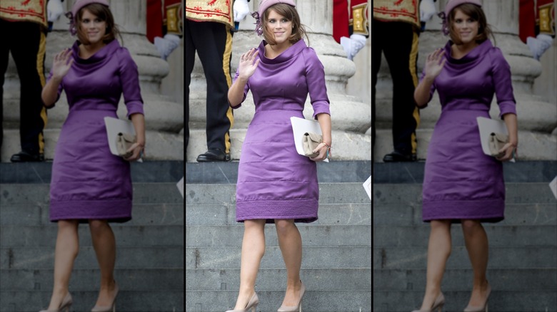 Princess Eugenie waving in a purple dress at the Diamond Jubilee in 2017