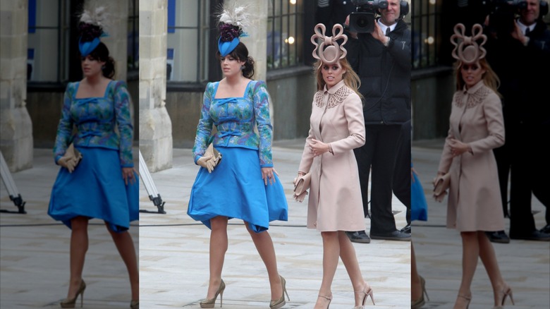 (L) Princes Eugenie and (R) Princess Beatrice attend Prince William's wedding to Kate Middleton