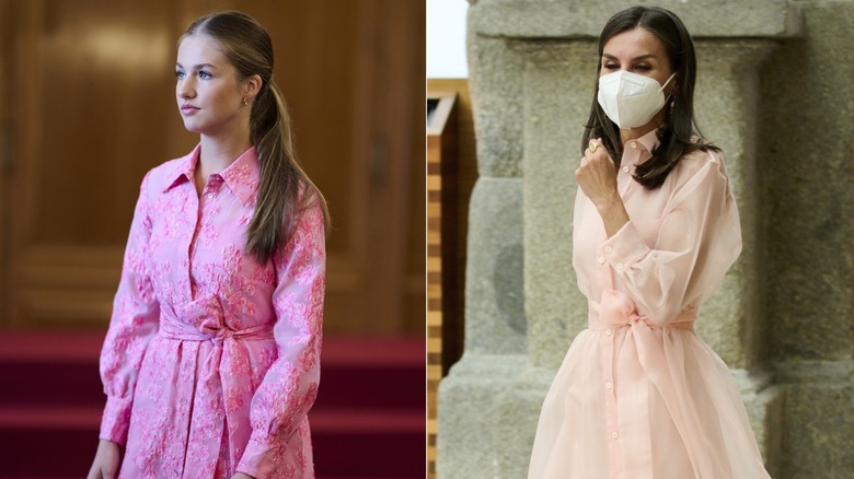 Leonor and Letizia in pink dresses, split image