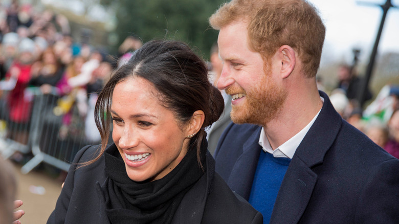 Harry and Meghan with crowds, smiling