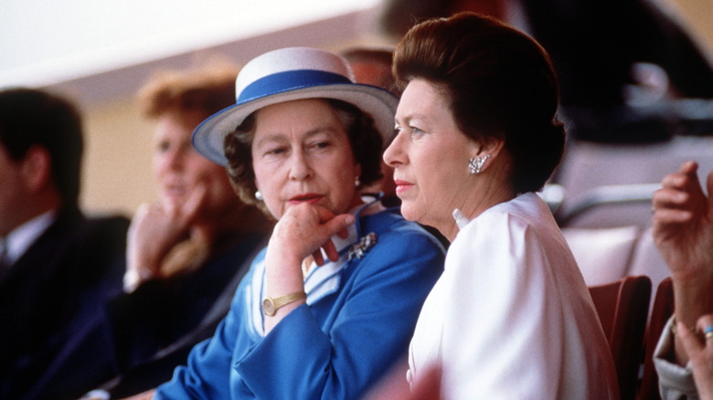 Princess Margaret and Queen Elizabeth II speaking 