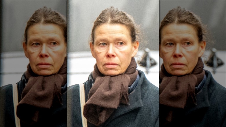 Lady Sarah Chatto makeup-free in scarf and coat