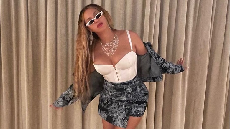 Beyonce wears printed denim skirt and jacket set