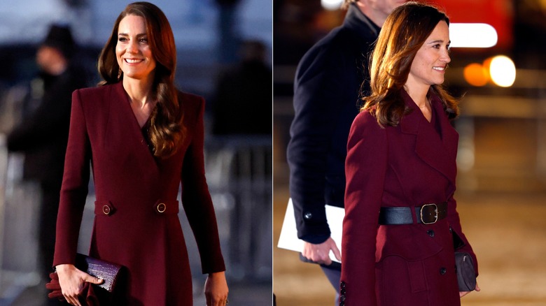 Kate and Pippa Middleton in burgundy coats 