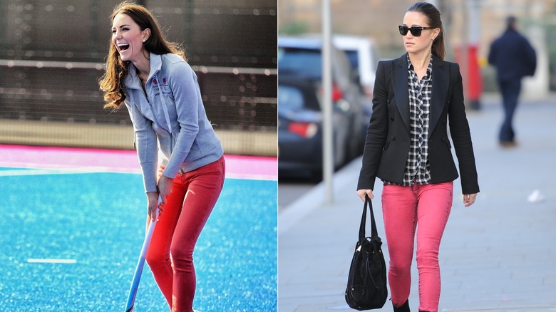 Pippa and Kate Middleton in coral skinny jeans 