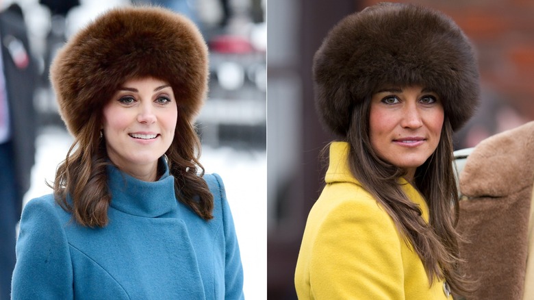 Kate and Pippa Middleton wearing fur hats 