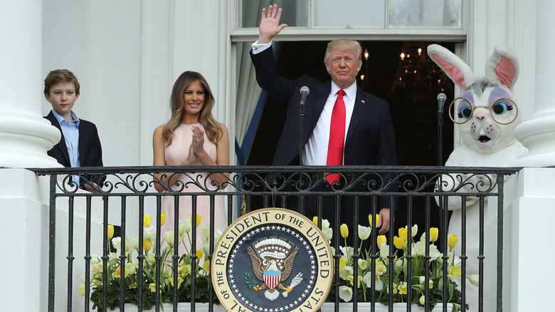 Barron, Melania, and Donald Trump with Easter Bunny White House balcony