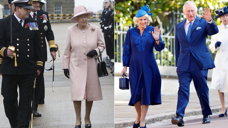 Split image of Queen Elizabeth II & Queen Camilla walking