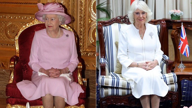 Split image of Queen Elizabeth II & Queen Camilla sitting