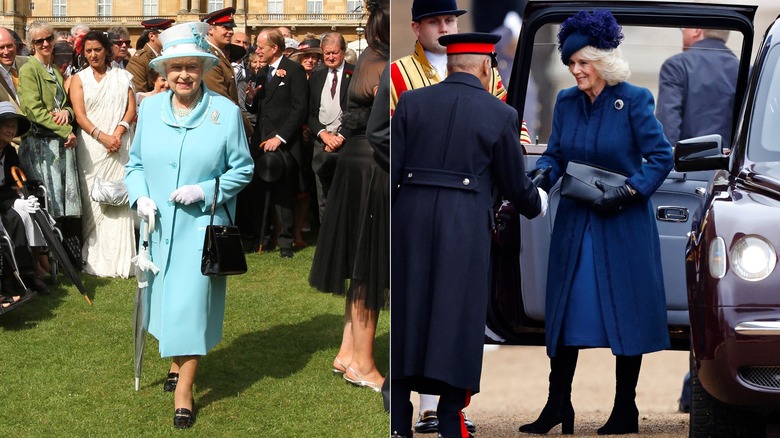 Split image of Queen Elizabeth II & Queen Camilla walking in wellies