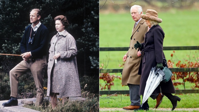 Split image of Prince Philip with Queen Elizabeth & King Charles with Queen Camilla