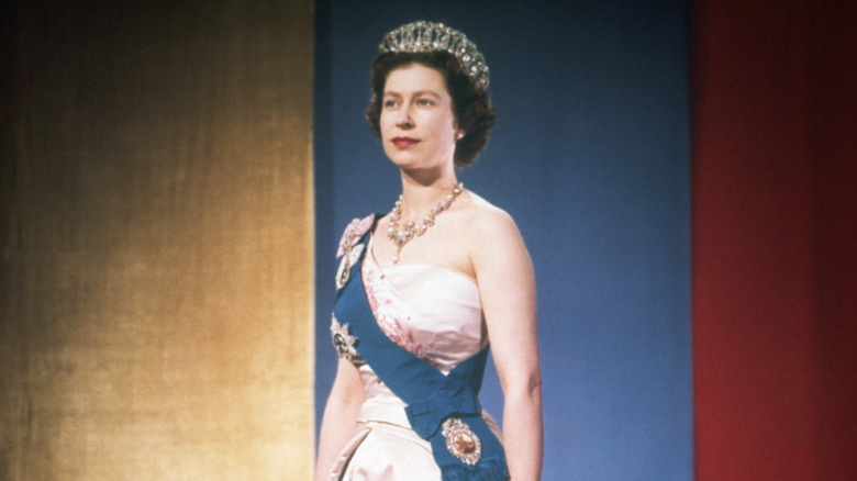 Queen Elizabeth posing in crown